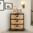 thumbnail image 1 of Hampton Meadows 3 Tier X-Side Corner Table Storage Cabinet with 3 Natural Water Hyacinth Wicker Baskets for Living Room, Walnut, 1 of 9