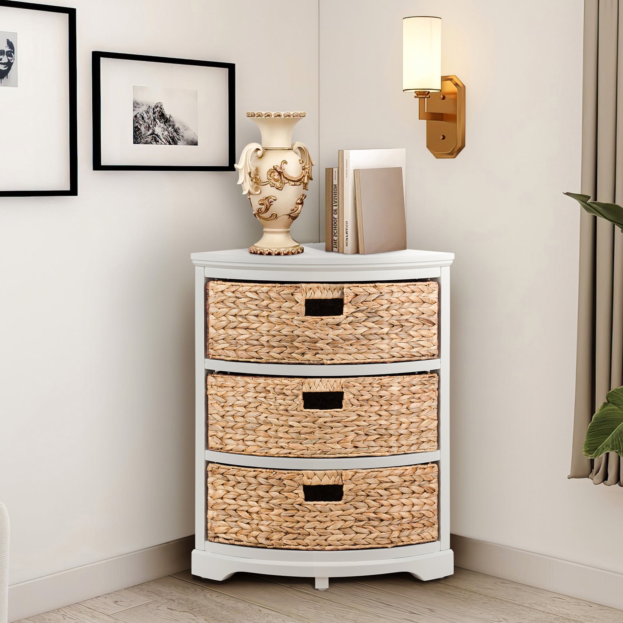 Hampton Meadows 3 Tier X-Side Corner Table Storage Cabinet with 3 Natural  Water Hyacinth Wicker Baskets for Living Room, White