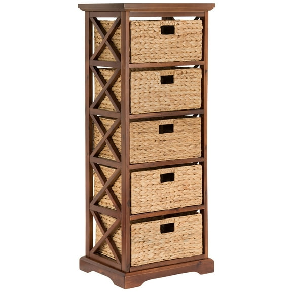 Hampton Meadows 5 Tier X-Side End Storage Cabinet with 5 Water Hyacinth Natural Wicker Baskets, Walnut