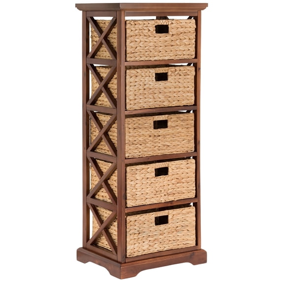 Hampton Meadows 5 Tier X-Side End Storage Cabinet with 5 Water Hyacinth Natural Wicker Baskets, Walnut