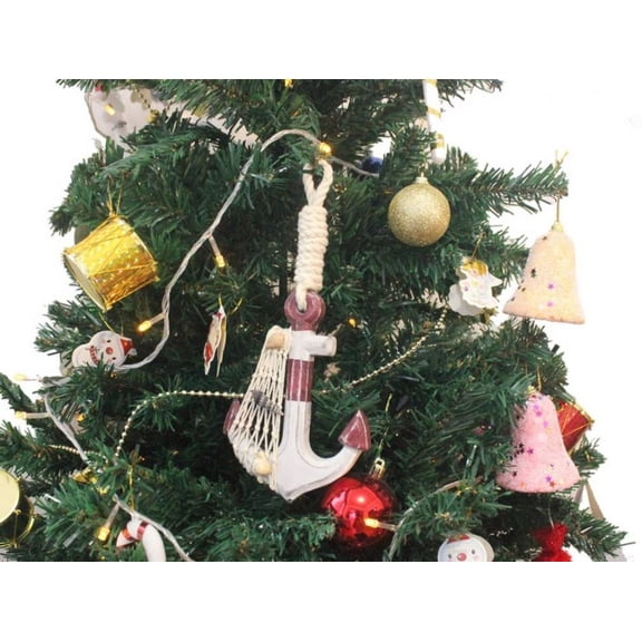 Hampton Nautical Anchor-302-XMASS Wooden Rustic Anchor Christmas Ornament-Nautical Tree Decoration, White with Red