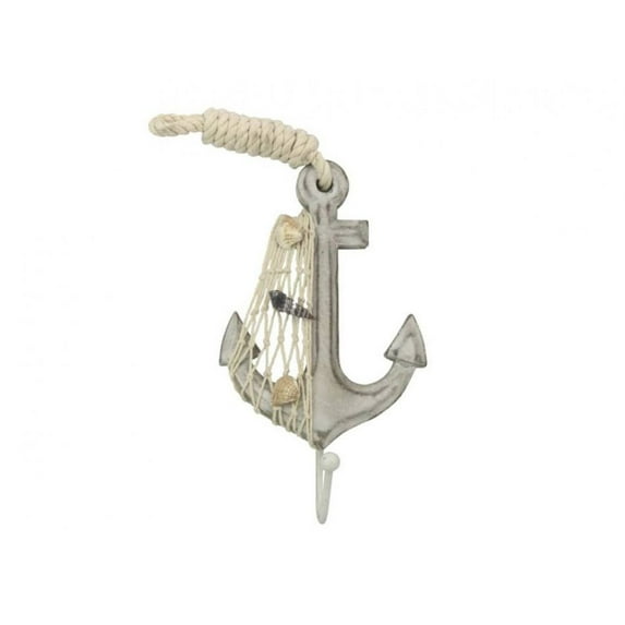 Hampton Nautical Anchor-303-H Wooden Whitewashed Hook 7" Nautical Anchor Decor, White
