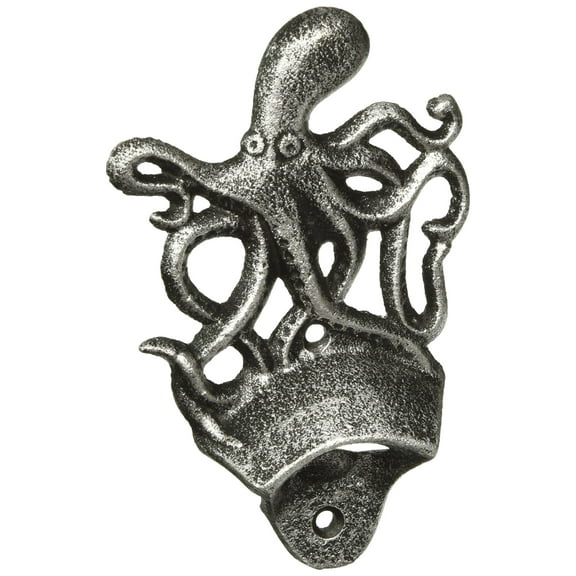 Hampton Nautical Antique Silver Cast Iron Wall Mounted Octopus Bottle Opener