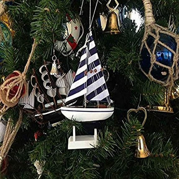 Hampton Nautical Blue Striped Sailboat Christmas Tree Ornament 9"- Model Boat - Nautical Christmas Tree Decoration