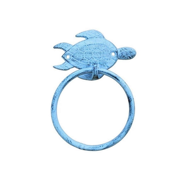 Hampton Nautical Dark Blue Whitewashed Cast Iron Towel Holder 7"-Sea Turtle Beach Decor