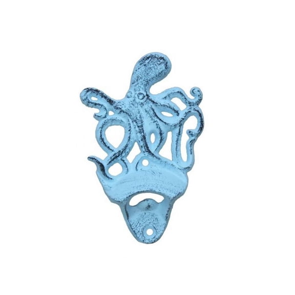 Hampton Nautical Dark Blue Whitewashed Cast Iron Wall Mounted Octopus Bottle Opener