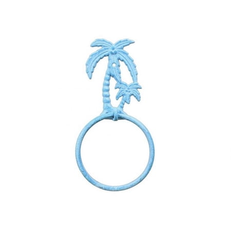 Hampton Nautical Light Blue Whitewashed Cast Iron Palm Tree Towel Holder 9" Bathroom Decoration-Beach Home