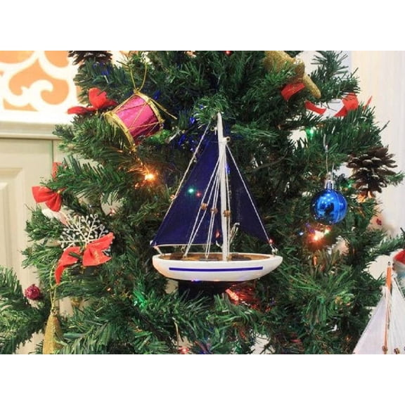 Hampton Nautical Model Ship Wooden Blue Sailboat with Blue Sails Christmas Tree Ornament 9"