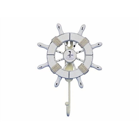 Hampton Nautical Rustic All White Decorative Ship Wheel with Sailboat and Hook 8" - Door Decor