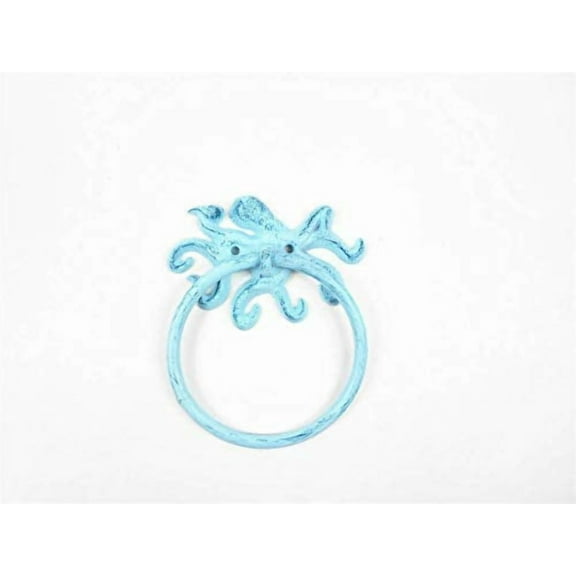 Hampton Nautical Rustic Dark Blue Whitewashed Cast Iron Octopus Towel Holder 6" Decorative Cas