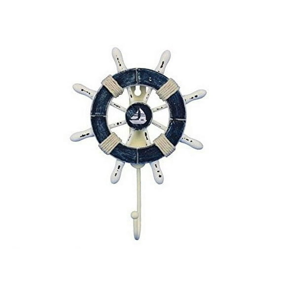 Hampton Nautical Rustic Dark Blue and White Decorative Ship Wheel with Sailboat and Hook 8" - D