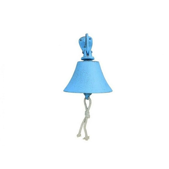 Hampton Nautical Rustic Hanging Ship's Bell 6" Decoration-Antique Vintage Cast Iron, Solid Light Blue