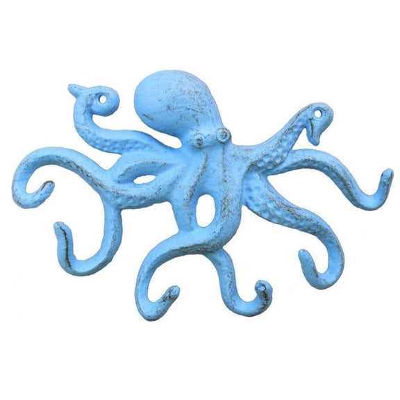 Hampton Nautical Rustic Octopus Hook 11" Decoration-Antique Vintage Cast Iron, Solid Light Blue