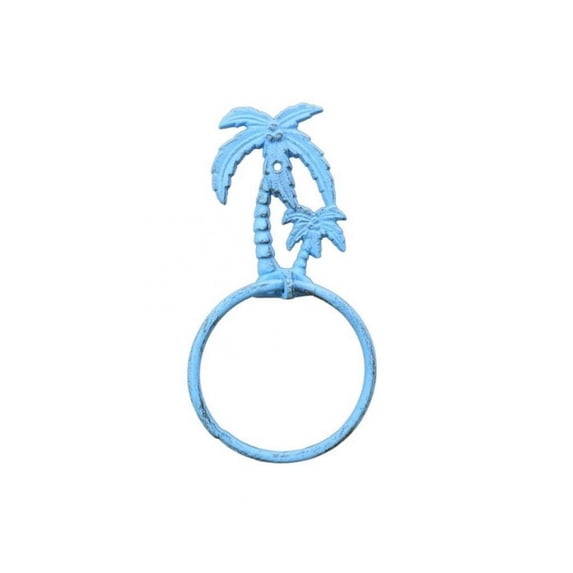 Hampton Nautical Rustic Palm Tree Towel Holder 9" Bathroom Beach Decor-Cast Iron, Solid Light Blue