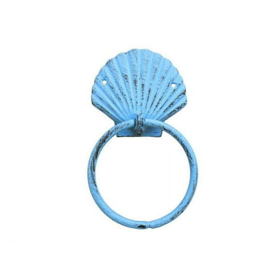 Hampton Nautical Rustic Seashell Towel Holder 8.5" Decoration-Antique Vintage Cast Iron, Solid Light Blue