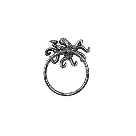 Hampton Nautical Rustic Silver Cast Iron Octopus Towel Holder 6" – Sea Decoration Home – Beach L