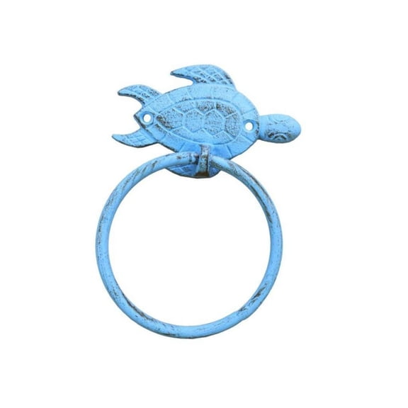 Hampton Nautical Rustic Towel Holder 7"-Sea Turtle Beach Decor-Cast Iron, Solid Light Blue