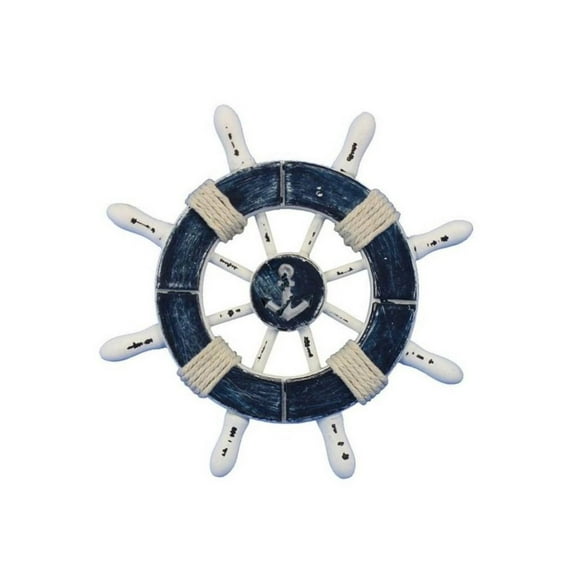 Hampton Nautical SW-6-108-anchor-NH Rustic Dark Blue and White Anchor 6"-Ships Steering Wheel Decoration, 6"