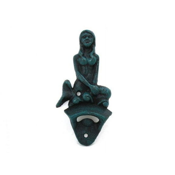 Hampton Nautical Seaworn Blule Wall Mounted Mermaid Bottle Opener 6"-Vintage Cast Iron Decor-Sea Life