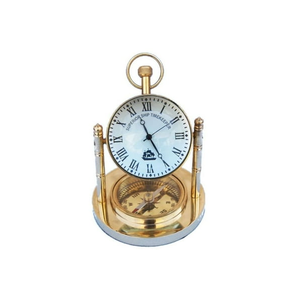 Hampton Nautical WC-1431 Solid Brass Clock with Compass 5" Nautical Home Decoration