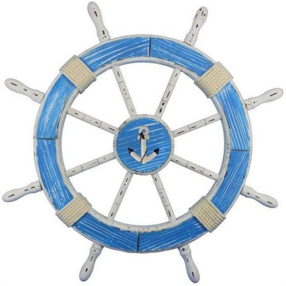 "Hampton Nautical Wheel-30-110-anchor Wooden Rustic Decorative Ship Wheel with Anchor, 30"", Light Blue and White"