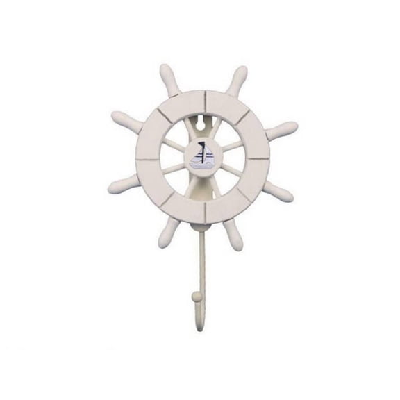 Hampton Nautical White Decorative Ship Wheel with Sailboat and Hook 8" - Ship Wheel Decor - Nau