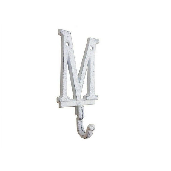 Hampton Nautical Whitewashed Cast Iron Letter M Alphabet Wall Hook 6" - Vintage Wall Decor - Cas