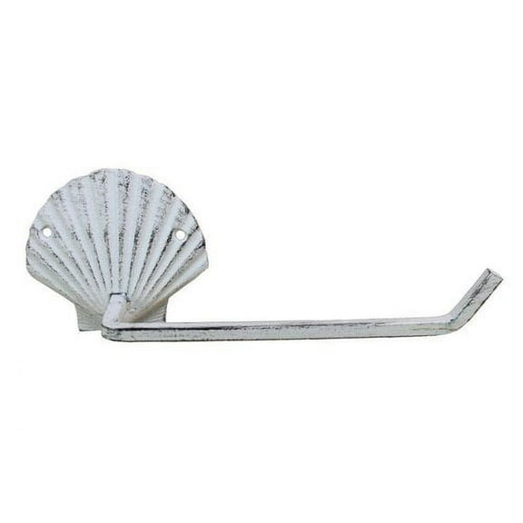 Hampton Nautical Whitewashed Cast Iron Shell Toilet Paper Holder 10" Bathroom Beach Home Decorating, Silver