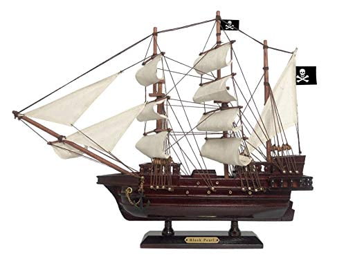 Hampton Nautical Wooden Black Pearl White Sails Pirate Ship Model 15" - Ship Decor - Model Boat