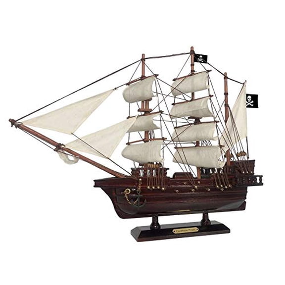 Hampton Nautical Wooden Caribbean Pirate White Sails Pirate Ship Model 20" - Boat Decor - Model