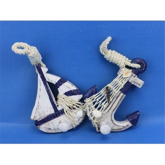 Hampton Nautical Wooden Rustic Blue Sailboat/Anchor Wall Accent with Hook Set, 6"