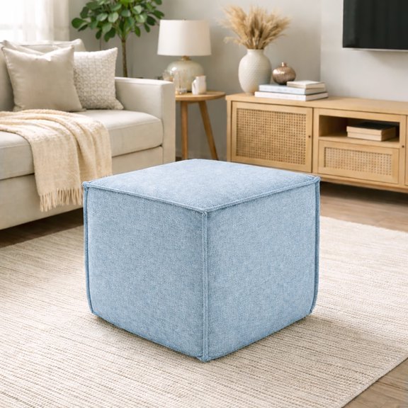Hampton Square Pouf Ottoman - Light Blue