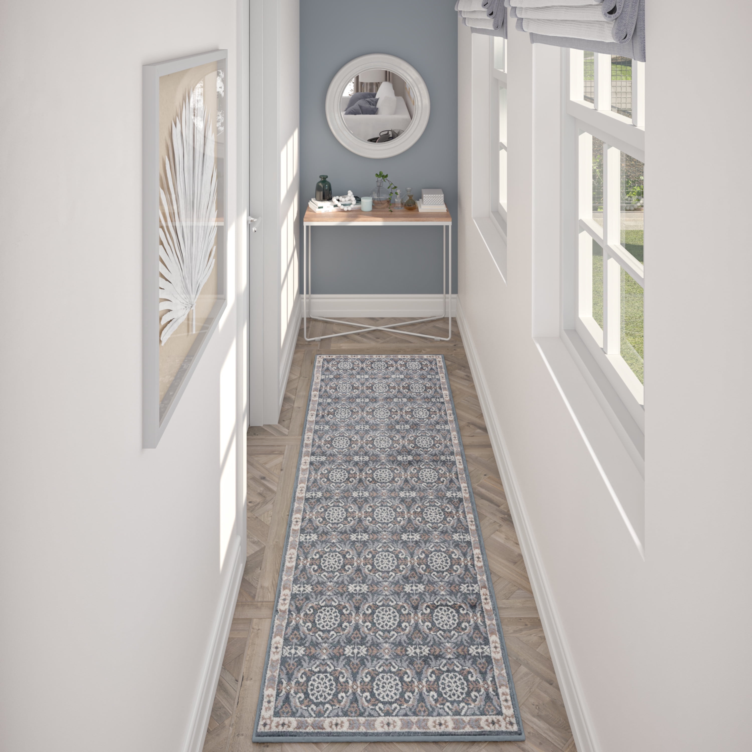 Hampton Traditional 2' x 10' Gray and Beige Polypropylene Indoor Area Rug