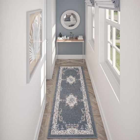 Hampton Traditional 2' x 10' Gray and Cream Polypropylene Indoor Area Rug