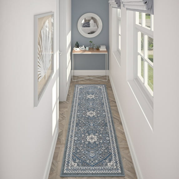 Hampton Traditional 2' x 10' Gray and Cream Polypropylene Indoor Area Rug