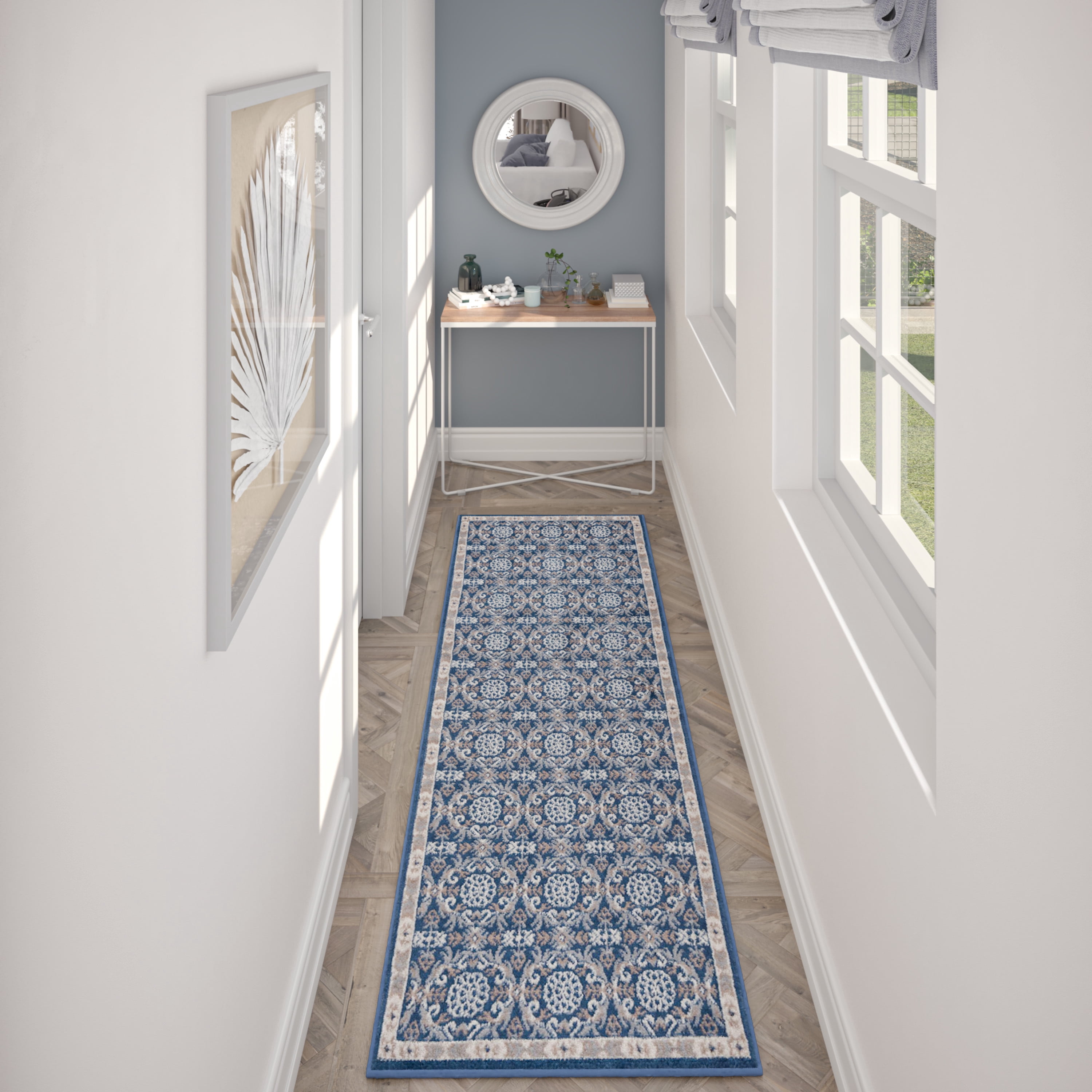 Hampton Traditional 2' x 10' Navy and Beige Polypropylene Indoor Area Rug