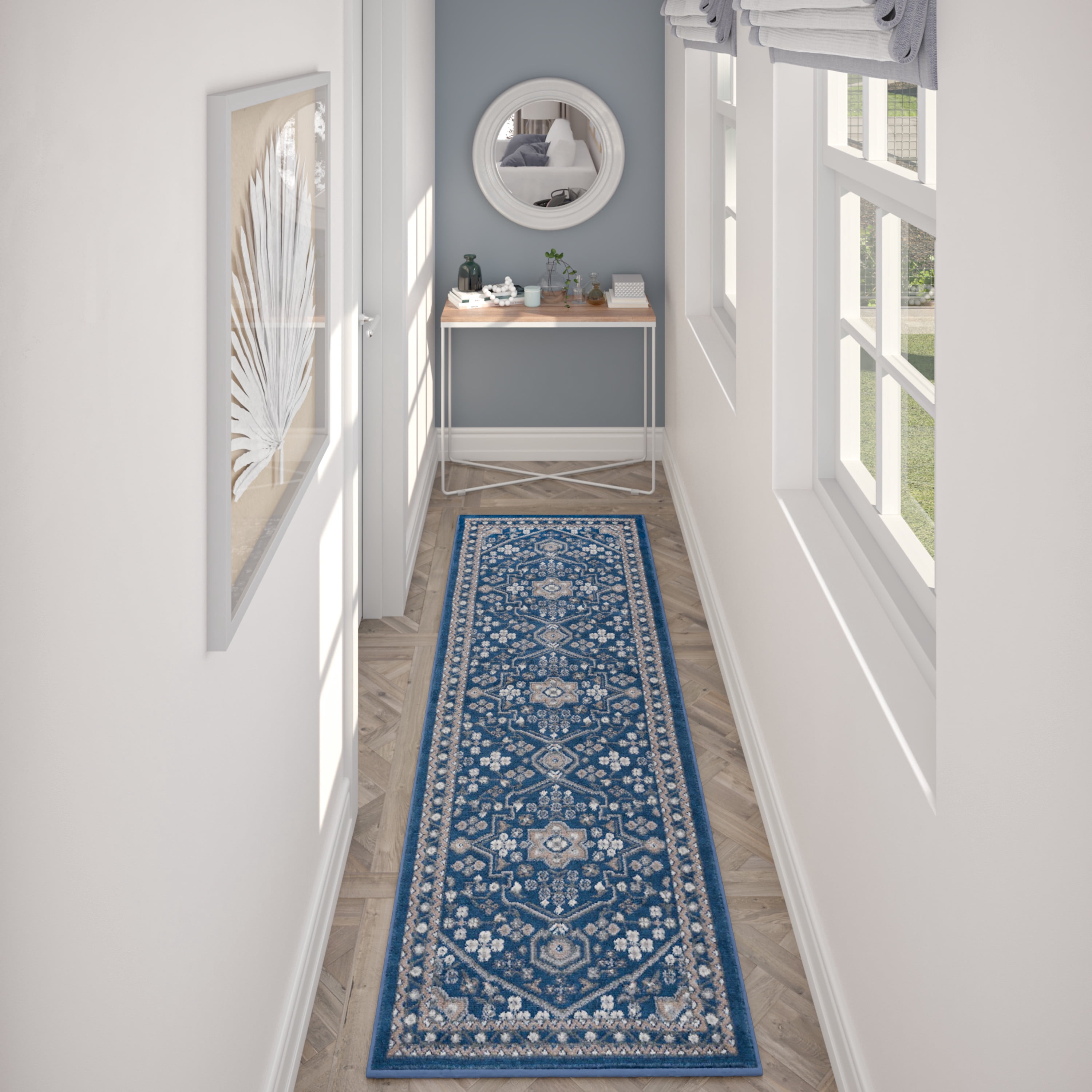 Hampton Traditional 2' x 10' Navy and Gray Polypropylene Indoor Area Rug