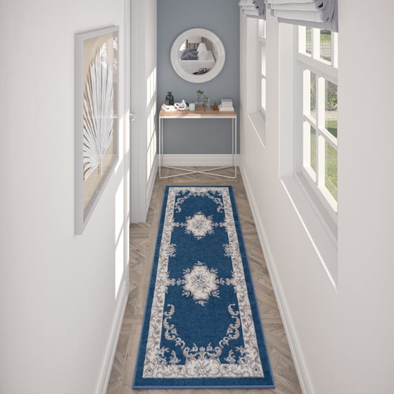 Hampton Traditional 2' x 10' Navy and Gray Polypropylene Indoor Area Rug