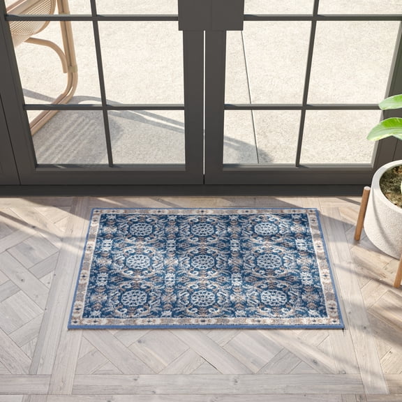 Hampton Traditional 2' x 3' Navy and Beige Polypropylene Indoor Area Rug