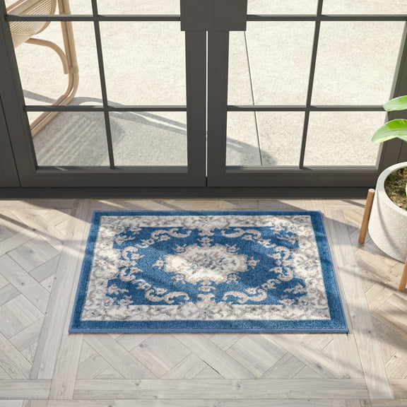 Hampton Traditional 2' x 3' Navy and Gray Polypropylene Indoor Area Rug
