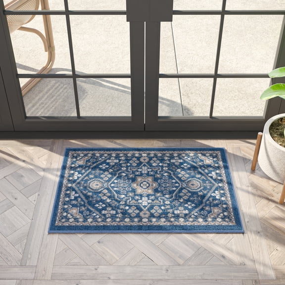 Hampton Traditional 2' x 3' Navy and Gray Polypropylene Indoor Area Rug