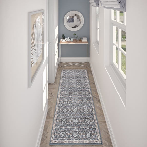 Hampton Traditional 2' x 7' Gray and Beige Polypropylene Indoor Area Rug
