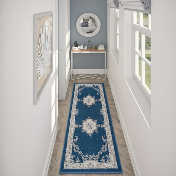 Hampton Traditional 2' x 7' Navy and Gray Polypropylene Indoor Area Rug