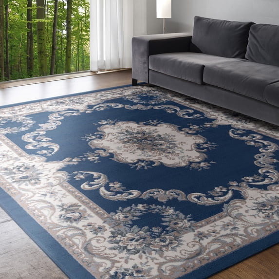 Hampton Traditional 4' x 5' Navy and Gray Polypropylene Indoor Area Rug