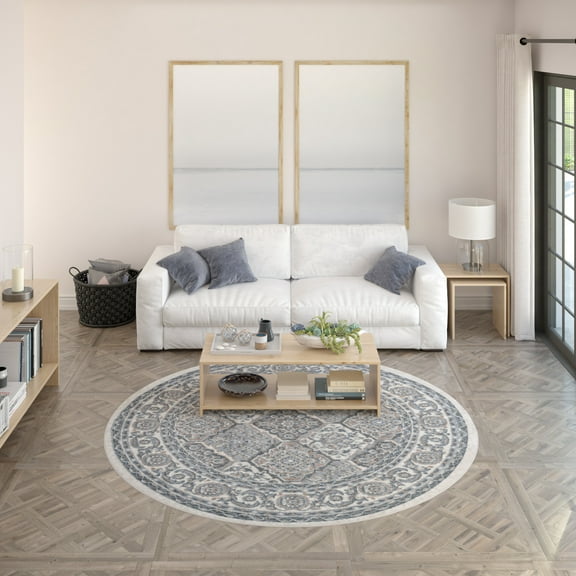 Hampton Traditional 5' Round Cream and Gray Polypropylene Indoor Area Rug