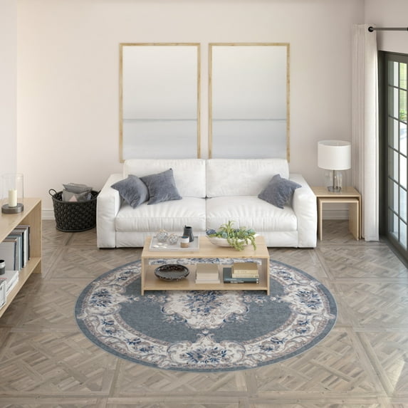 Hampton Traditional 5' Round Gray and Cream Polypropylene Indoor Area Rug