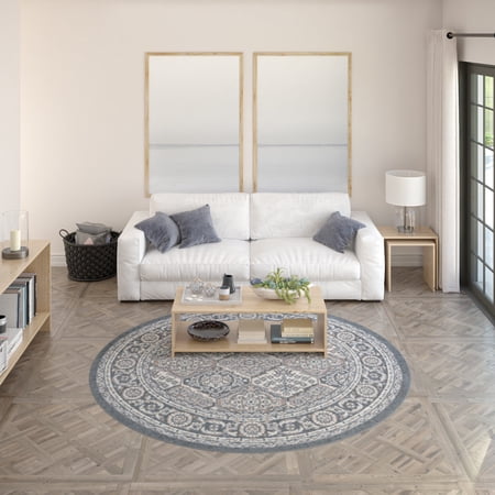 Hampton Traditional 5' Round Gray and Cream Polypropylene Indoor Area Rug