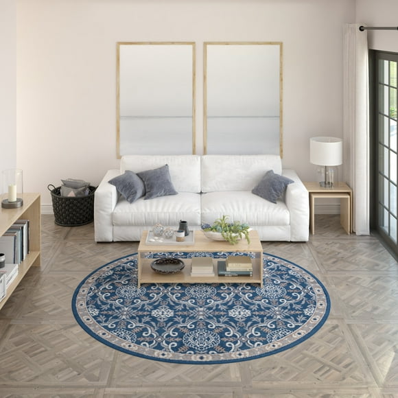 Hampton Traditional 5' Round Navy and Beige Polypropylene Indoor Area Rug