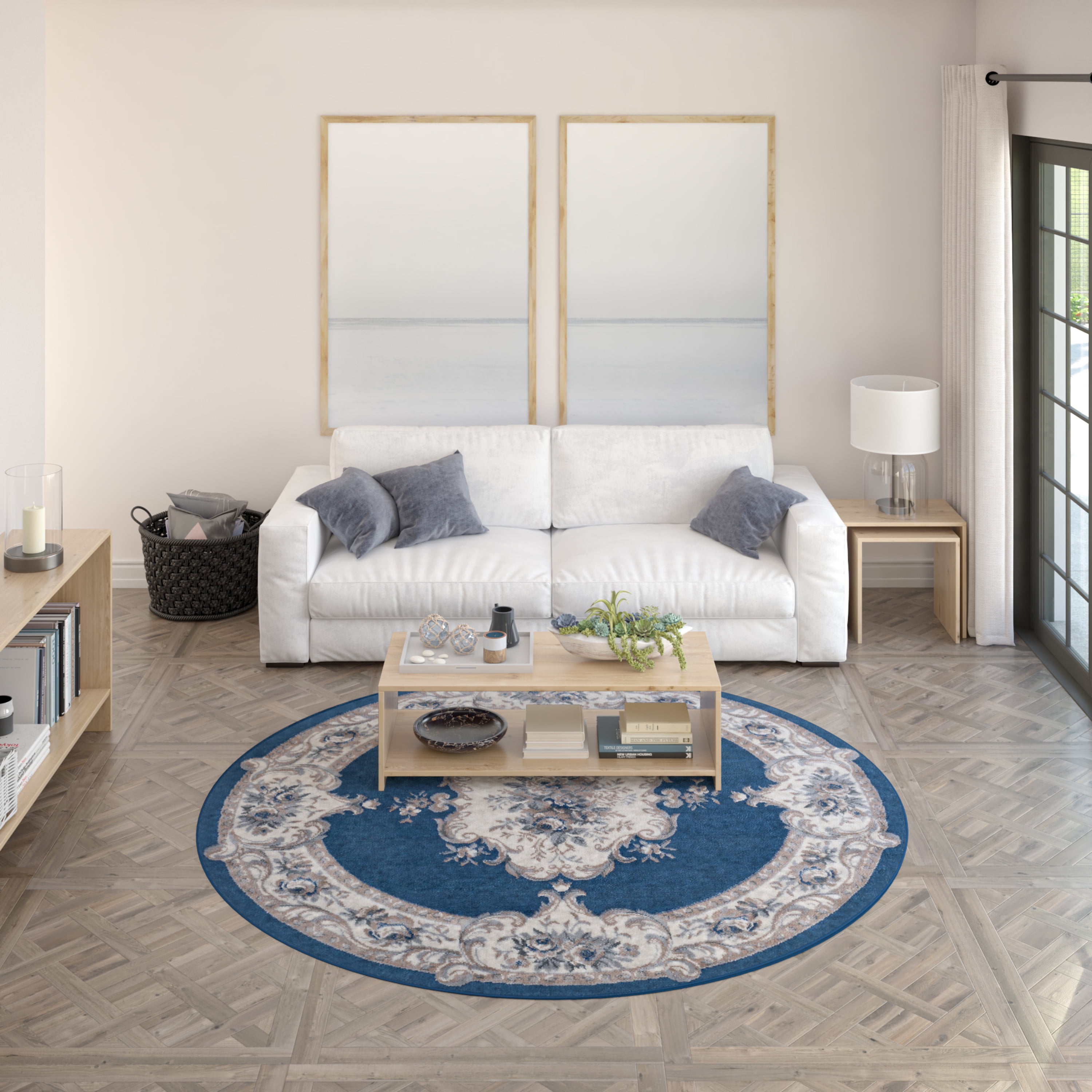 Hampton Traditional 5' Round Navy and Gray Polypropylene Indoor Area Rug