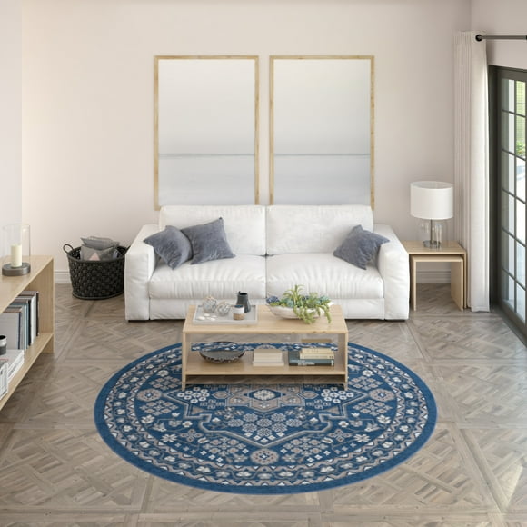 Hampton Traditional 5' Round Navy and Gray Polypropylene Indoor Area Rug